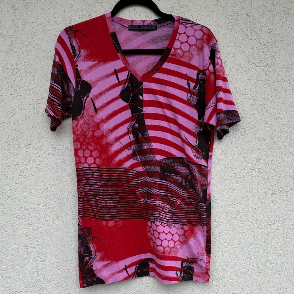 Evil Genius Red and Pink Graphic long V-Neck T-shirt. With legs and high heels
